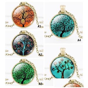 Pendentif Colliers Arrivée Arbre De Vie Cabochons Ronds En Verre Charme Bronze Noir Sier Chaîne Pour Femmes Hommes Mode Bijoux Drop Delive Dhccy