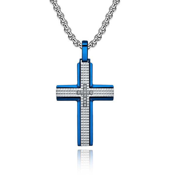 Pendentif Colliers Artistique Bijoux En Gros Graver CNC Incrusté Zircon En Acier Inoxydable Bleu Couche Plaid Hommes Croix Pendentif Collier G230206