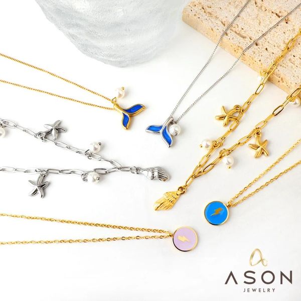 Pendant Necklaces ASONSTEEL Blue Fishtail Starfish Pearl Round Charms Link Chain Necklace Gold Color Stainless Steel For Women Jewelry