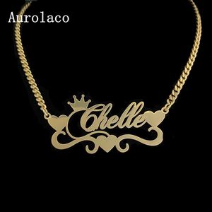 Pendentif Colliers AurolaCo Nom Personnalisé Collier Avec Coeur Personnalisé En Acier Inoxydable Or Plaque Signalétique Chaîne Cubaine Collier Pour Les Femmes Cadeau 230605