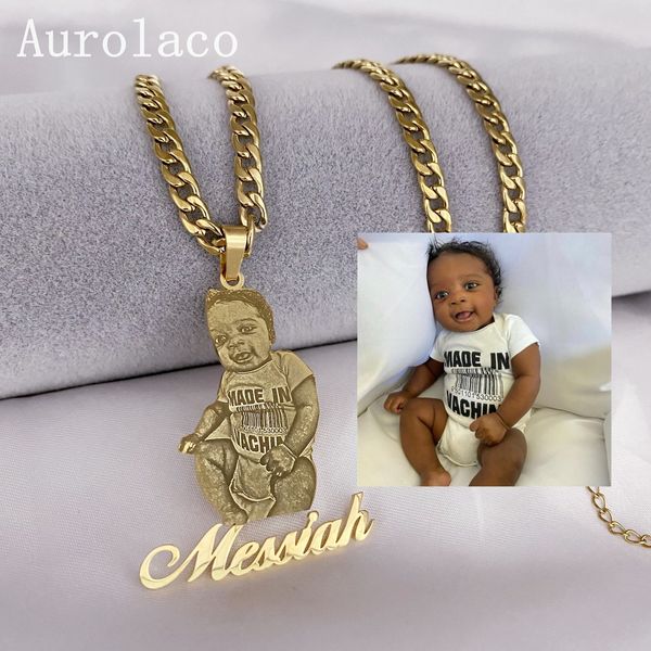 Pendentif Colliers Aurolaco Personnalisé Po Collier Photo Plaque Signalétique pour Enfants Mémoire Bijoux Famille Cadeaux Collier 230727