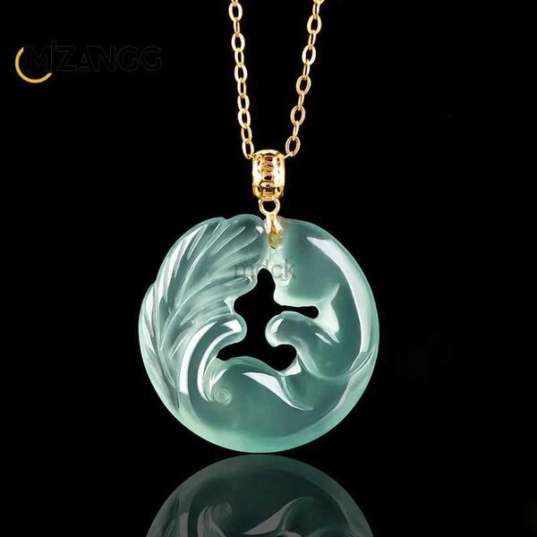 Colliers de pendentif Authentiques Jadeite Blue Blue Eau à neuf queue Fox Pendant 18K Gol Inrangué Ice type de collier Jade Fashion Jewelry 240419