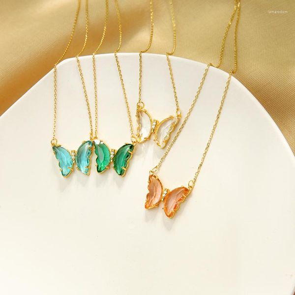 Collares colgantes BALANBIU, collar de mariposa de cristal multicolor para mujer, cadena de latón de Color dorado con circón delicado, joyería de moda