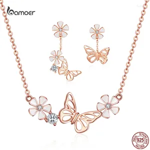 Collares colgantes Bamoer 925 plata esterlina deslumbrante mariposa aretes collar traje rosa k oro para mujeres lujo elegante joyería de circón