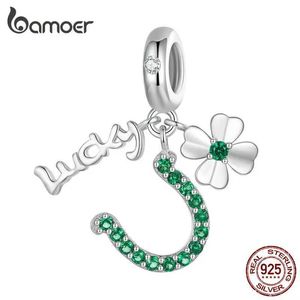 Hanger kettingen bamoer 925 sterling zilvergroen zirkon geluk vierbladige klaverhangende kralen hoefijzer charmes voor vrouwen armband ketting diy 240410