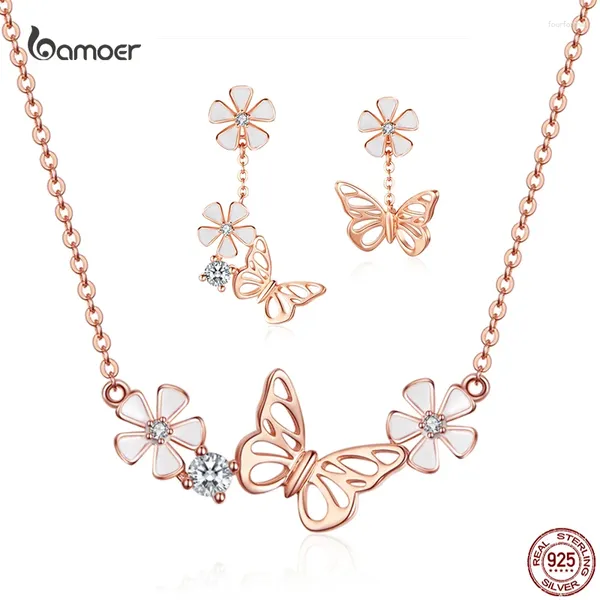 Pendentif Colliers Bamoer 925 Sterling Argent Éblouissant Papillon Oreille Goujons Collier Costume Rose K Or Pour Les Femmes De Luxe Élégant Zircon Bijoux