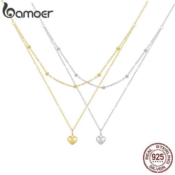 Colliers de pendentif Bamoer 925 Collier de pendentif en forme de cœur en argent sterling adapté aux femmes Collier à double couche or Bijoux exquis pour les femmes BSN168Q