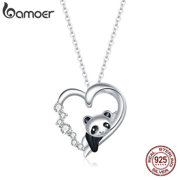 Collares colgantes Bamoer 925 Sterling Silver Baby Panda Crystal Collar Esmalte Lindo Animal Charm Chain Link para mujeres Regalo 17.71 '' SCN453 G230202