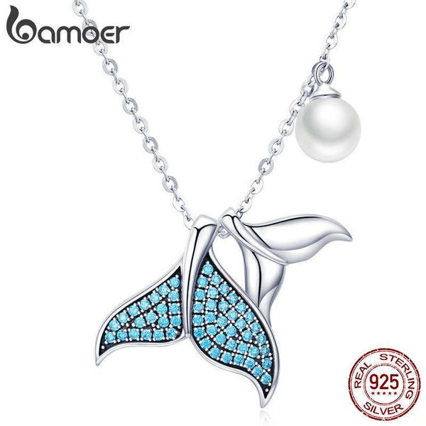 Collares colgantes BAMIER 925 Sterling Plate Blue Mermaid Collar Collar Cabellón de cáscara Pearl Bead Women Jewelry Fine Wedding Gift 17.32 '' G230202