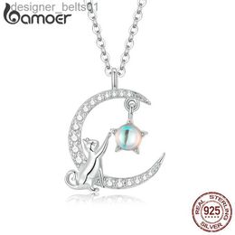 Anhänger-Halsketten BAMOER Neue Ankunft Echtes 925 Sterling Silber Katze Mond Niedlichen Tier Anhänger Halsketten Frauen Silber Schmuck Geschenk SCN486L231215