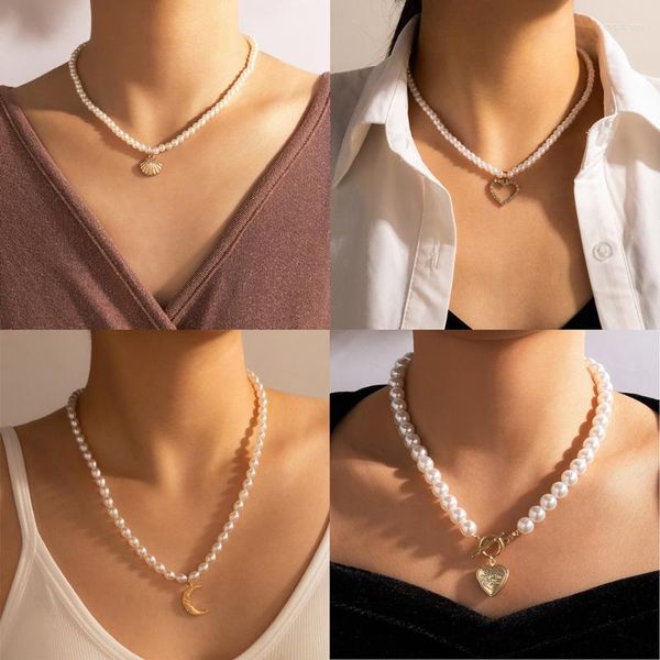 Collares colgantes, gargantilla de perlas barrocas para mujer, Collar de luna de corazón de concha de Color dorado a la moda, regalos de joyería para mujer