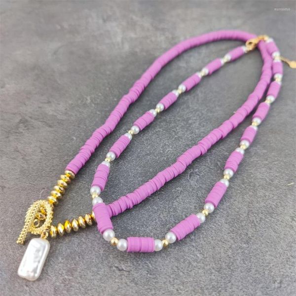 Pendentif Colliers Plage Heishi Perles Collier Violet Rayé Polymère Argile Brin Surfer Collier Ras Du Cou Pour Fille