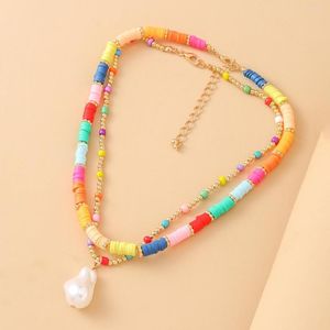 Pendentif Colliers Plage Style Double Couche Perle Collier Chaîne Coloré Doux En Céramique Perle Bohème Perlé Multi Couches Collier