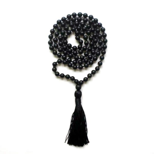 Pendentif Colliers Perle Matte Noir Onyx Mala Perles Collier Noué Gland Prière Faire Yoga Main NouéePendant