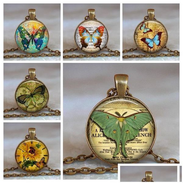 Collares pendientes Beautif Mariposa Patrón Cristal Po Cabochon Collar Steampunk Reloj Cúpula Joyería hecha a mano Suéter Cadena Gota Delive Dhfav