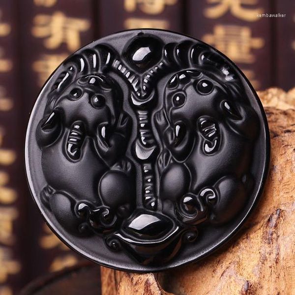 Pendentif Colliers Belle obsidienne noire naturelle amulette de bénédiction chinoise Double PiXiu pendentifs chanceux perles collier bijoux de charme fin
