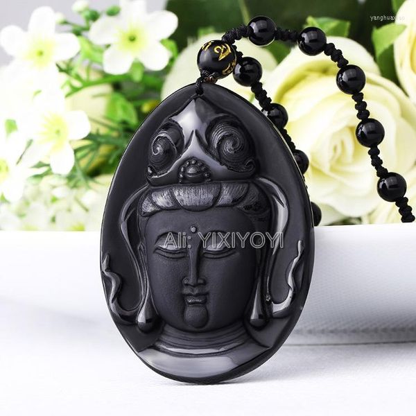 Pendentif Colliers Belle Obsidienne Noire Naturelle Sculptée À La Main Bénédiction Chinoise GuanYin Tête Lucky Free Perles Collier Bijoux De Mode