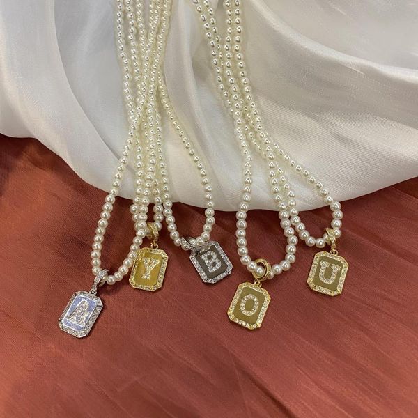 Pendentif Colliers Bens Géométrique Rectangle Lettre Collier CZ Cristal Initiales Perle DIY Bijoux Faits À La Main En Gros