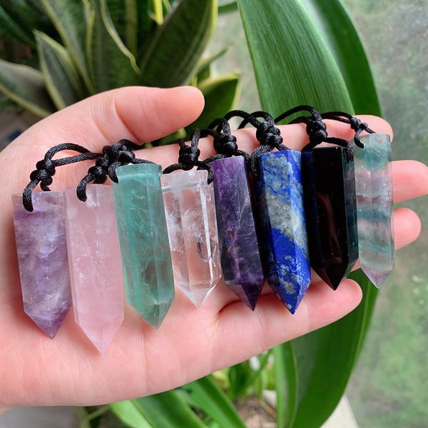 Pendentif Colliers Big Bullet Pendule Pierre Naturelle Collier Amulette Améthystes Fluorite Lapis Obsidienne Quartz Rose Cristal Guérison 230714