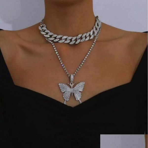 Collares colgantes Conjunto de collar de mariposa grande Cadena de eslabones cubanos Gargantilla Regalos para mujeres Cadenas Joyería colgante 1setis2pcs Entrega de gota J Dhtws