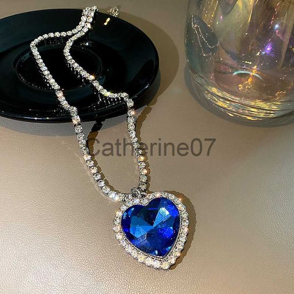 Pendentif Colliers Grand Cristal Coeur Pendentif Collier pour Femmes Plein Strass Collier Titanic Coeur de L'océan Bleu Coeur Amour Pour Toujours Bijoux J230725