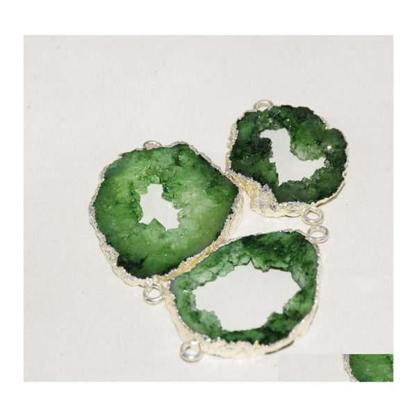 Collares pendientes Big Green Druzy Stone Connector para la fabricación de joyas Mujeres 2022 Chapado en oro Bisel Geoda Slice Hole Irregar Agates D Dhpf8