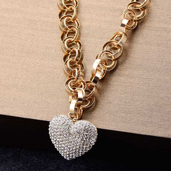 Collares colgantes Gran Amor Corazón Collar Colgante Oro Plata Color Grueso Cadena Redonda Cristal Claro Completo 3D Joyería Vintage Femenina3219