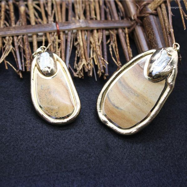 Collares pendientes Gran piedra natural Cristal Color dorado Perlas Imagen Jaspers Collar de péndulo de cuarzo crudo para mujeres Hombres Fiesta