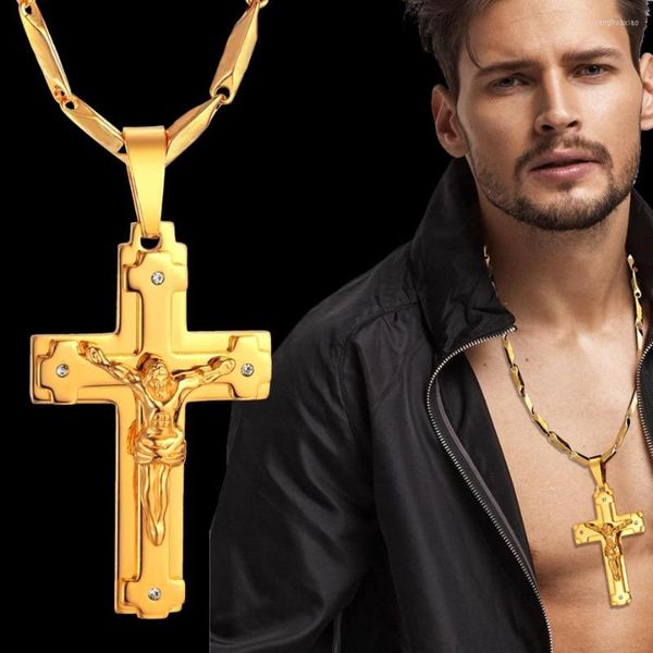 Collares colgantes Gran collar de acero inoxidable Cadena 4 Tamaño Color oro Joyería cristiana Jesús Crucifijo Cruz de los hombres para hombres XL999