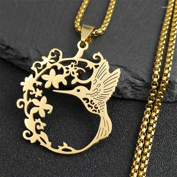 Colliers pendants Collier de fleur de colibri à oiseaux pour femmes hommes en acier inoxydable couleur bijoux animal collier colibri n4626s