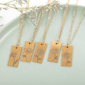 Hanger kettingen geboortemaand bloem ketting vrouwen roestvrij staal rozen lotus daisy rechthoekige plaat verjaardag sieraden cadeaus