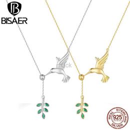 Colliers de pendentif Bisaer 925 Sterling Silver Hummingbird Pendant Collier Green Leaf ajusté Chaîne 14K Gold Plat pour femmes Bijoux Fine Ecn21 240419