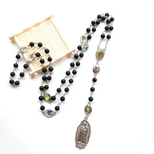 Pendentif Colliers Black Agate Pierre Rosaire Perles Collier Vierge Marie Notre-Dame de Guadalupe Centres Médaille pour Femmes Hommes Bijoux de Prière