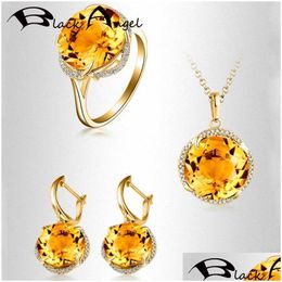 Collares colgantes Angel negro Citrine Cz Juego de joyas de boda Cabecillo de pendientes largos Anillo de collar para mujeres Regalo de Navidad Dr Dhxyz