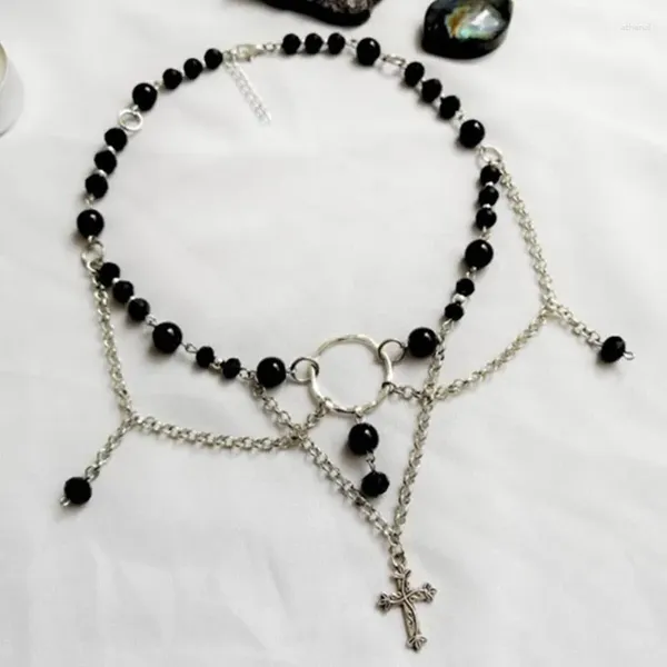 Collares colgantes Ángel negro Collar de hadas Grunge con encanto cruzado Cristal Gargantilla gótica Joyería Onxy Gemsto