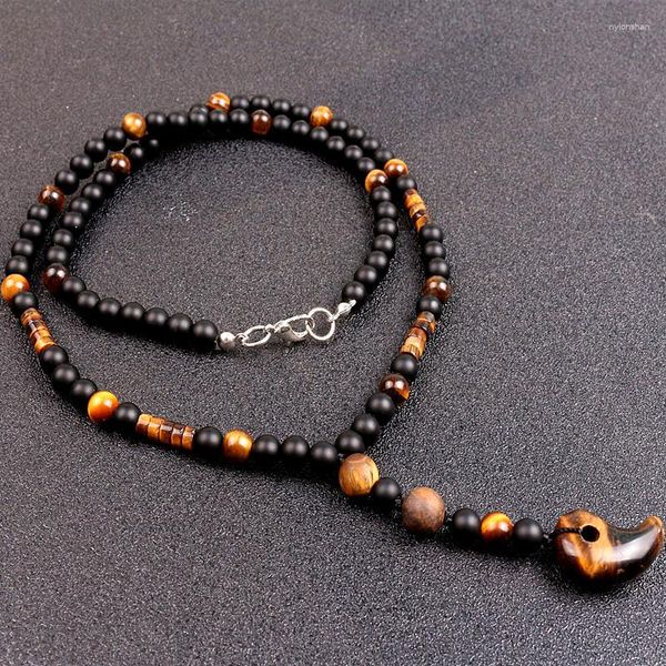 Collares colgantes Collar de cuentas negras Piedras de 6 mm con espaciador de ojo de tigre Surfista para hombres Joyería tribal