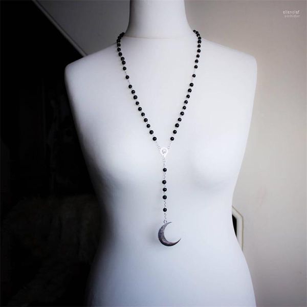 Collares pendientes Collar de rosario con cuentas negras Media luna gótica Bruja larga Pagan Moon Phase Jewelry Ladies Gift Fashion JewelryPendant Elle22