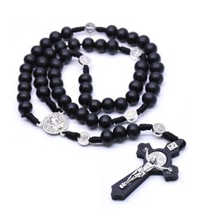 Pendentif Colliers Noir Brun Croix Collier À La Main En Bois Perles Catholique Chapelet Cou Pour Hommes Femme Christ Prière Religieux BijouxPendentif