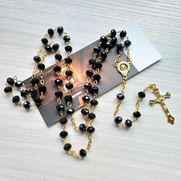 Pendentif Colliers Noir Cristal Rosaire Collier Long Or Jésus Croix Catholique Religieux Prière BijouxPendentif