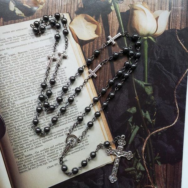 Pendentif Colliers Noir Hématite Prière Perle Chaîne Rosaire Collier Crucifix Croix Notre-Dame de Guadalupe Médaille Y-Collier Bijoux Religieux