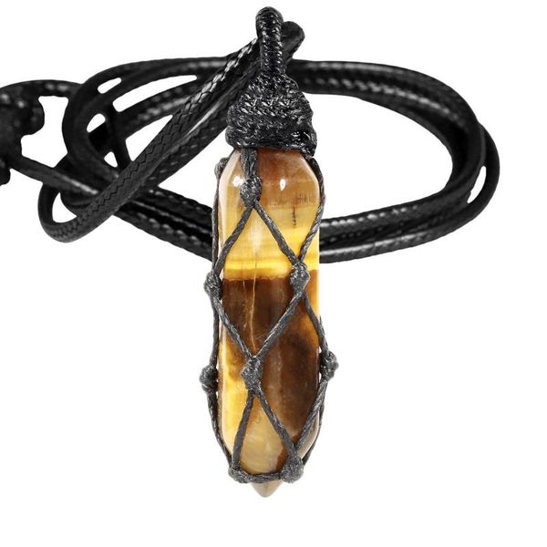 Pendentif Colliers Noir Mesh Corde Wrap Tigers Eye Pierre Pilier Forme Collier De Guérison Réglable Cire Charme Bijoux D'énergie Pour Les Femmes