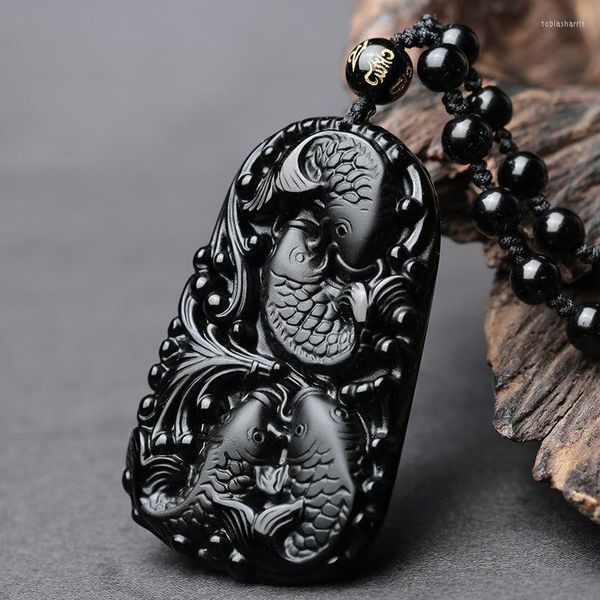 Pendentif Colliers Noir Obsidienne Compteur Double Lotus Carpe Véritable Naturel Mat Mâle Et Femelle Bijoux En Gros Accessoires D'approvisionnement