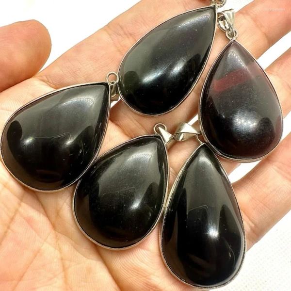 Collares colgantes Gota de agua de piedra de obsidiana negra para hacer joyas de bricolaje Accesorios de collar de mujer Amuleto Punto plateado Polaco 5 piezas