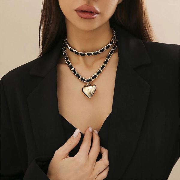 Pendentif Colliers Noir PU Cuir Croix Chaîne épaisse avec grand collier de coeur pour femmes à la mode dames collier sur le cou accessoires cadeau
