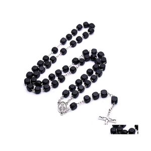 Hangende kettingen Zwart vierkant hout Christus Rosary Neckalce Vintage Cross kralen Streng ketting Lang religieuze bidsbid sieraden drop deli dh9q2