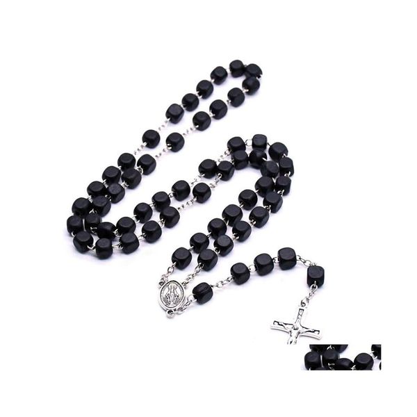 Pendentif Colliers Noir Carré Bois Christ Rosaire Collier Vintage Croix Perles Strand Collier Long Religieux Prière Bijoux Drop Deli Dh9Q2