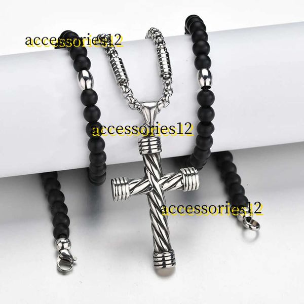 Colliers pendentifs Croix de pierre noire pendentif hommes chapelet colliers 14K or blanc catholique Crucifix pendentif collier chaîne cadeau 2024 bijoux de créateur colliers