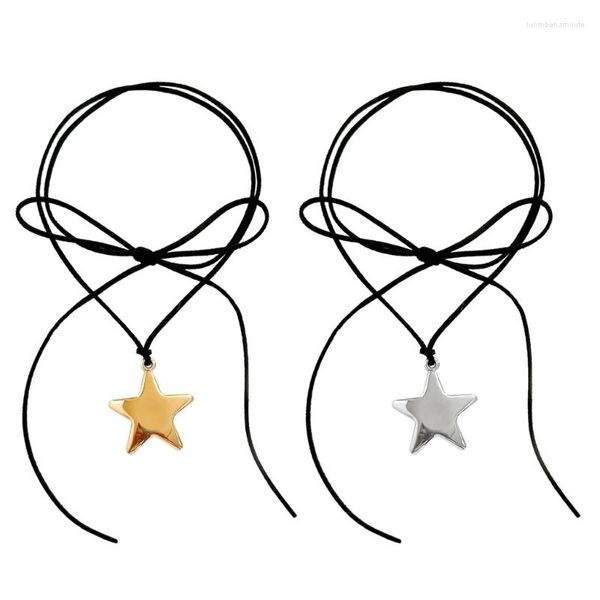 Collares pendientes Gargantilla de terciopelo negro Collar de pentagramas con estilo Collar de cadena de cuerda ajustable para mujeres Chicas adolescentes F19D