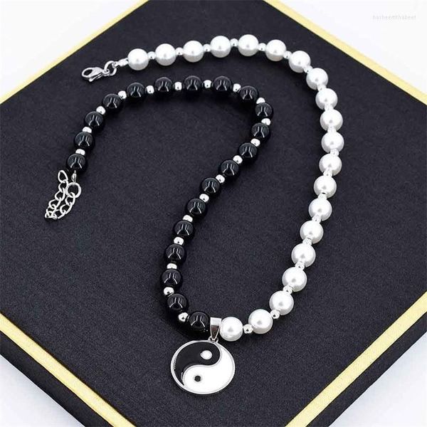 Pendentif Colliers Noir Blanc Taoïsme Yin Yang Rond Charme Perlé Faux Perle Tai Chi Collier Ras Du Cou Pour Hommes Femmes Protection Chanceux Bijoux