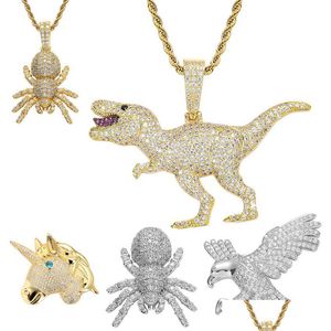 Hanger kettingen Bling 18K gouden dierenketting sieraden set koperen diamant Cubic Zirconia uil Spider Shark dinosaurus hanger Dhgarden Dhokn